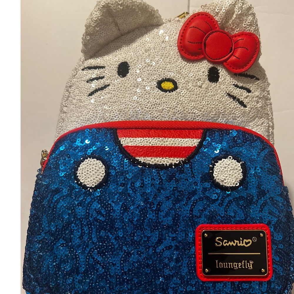 Hello Kitty Loungefly Sequin Mini Backpack Classic Overalls Blue Red White Bag